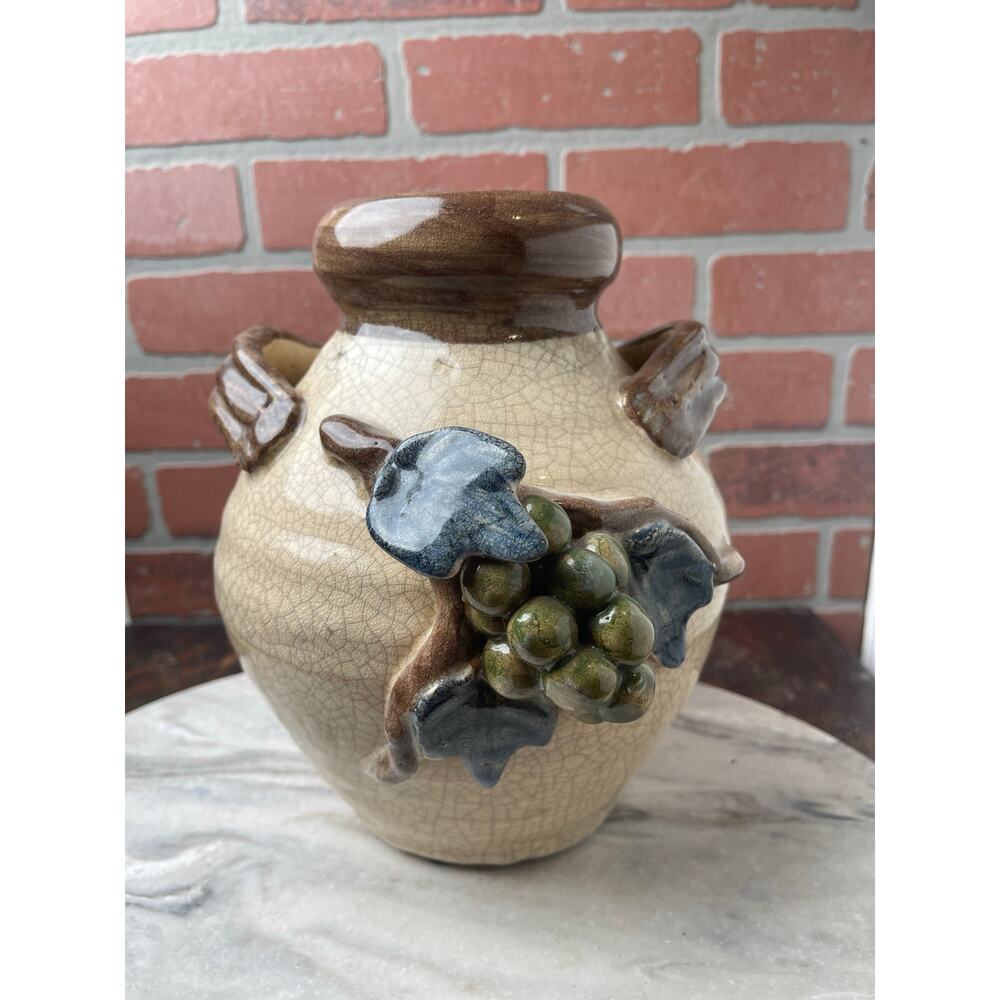 Vintage Crackle Glaze Grape Cluster Pottery Vase Jug Rustic Farmhouse 9.5"
